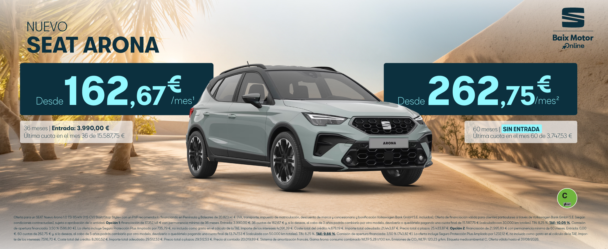  Nuevo SEAT Arona FR DSG por 162,70 €/mes o 262,75€/mes ¡Sin Entrada!