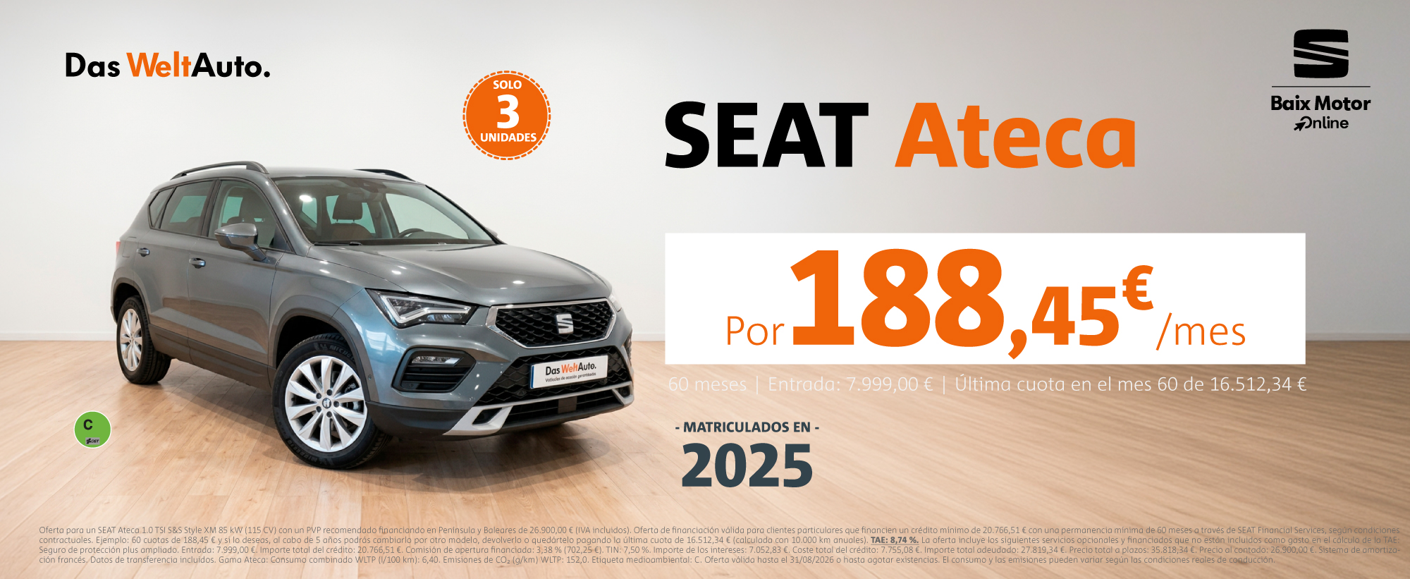 ¡Solo quedan 3! Seat Ateca por 188€/mes  Exclusivo Baix Motor
