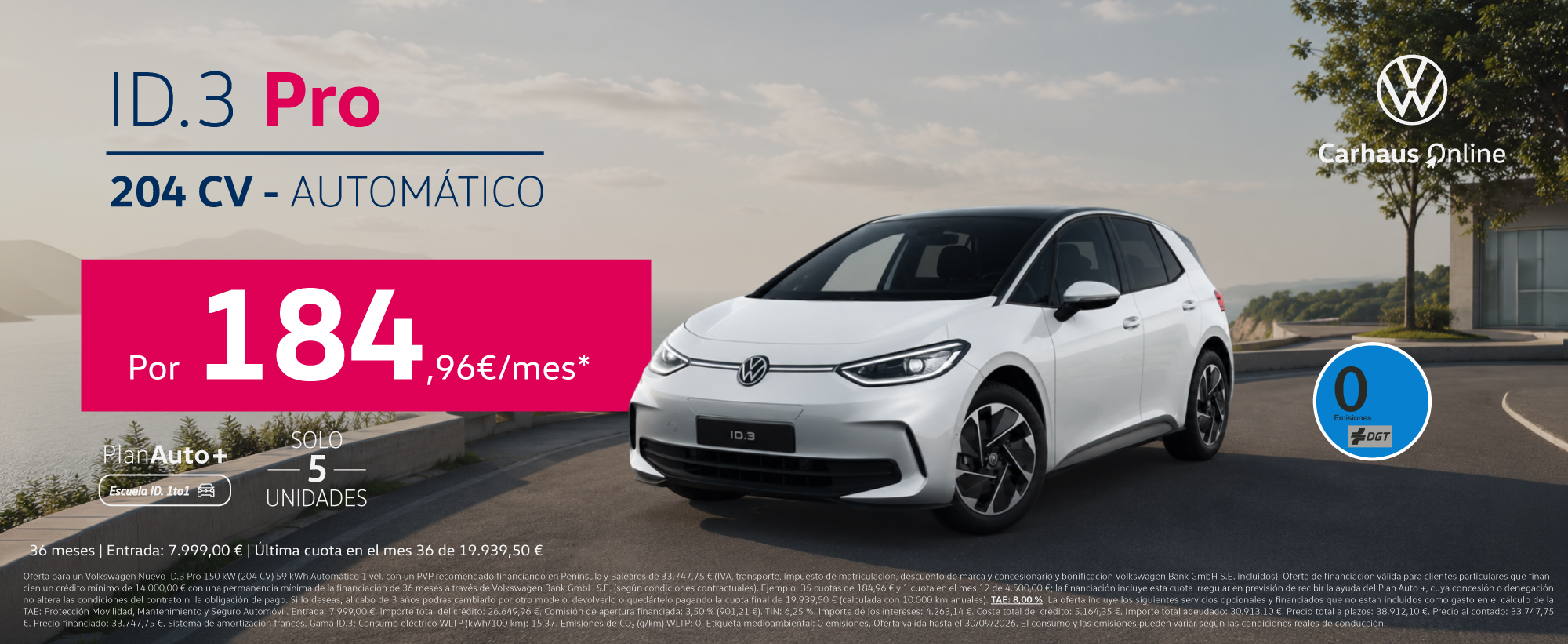 Nuevo Volkswagen ID.3 Pro 204 CV por 184,96€/mes